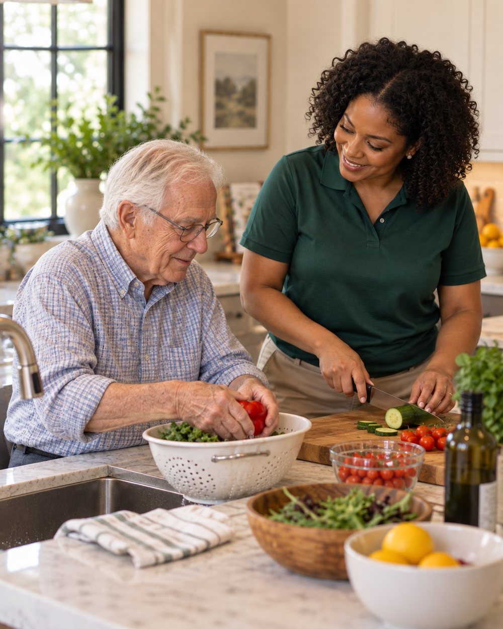 A caregiver slicing vegetables alongside an older man washing produce in his kitchen