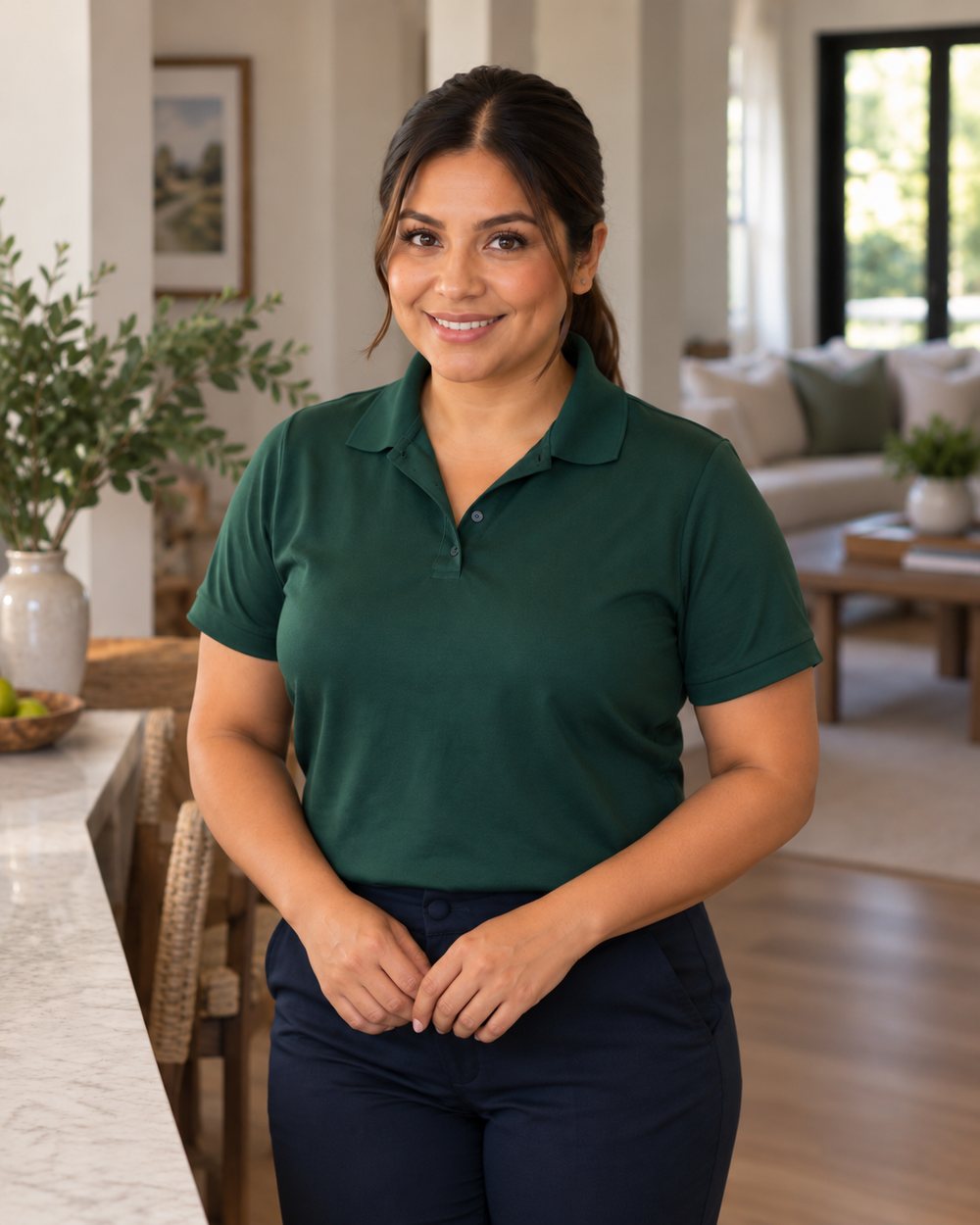 A caregiver in a green polo shirt standing in a client's home