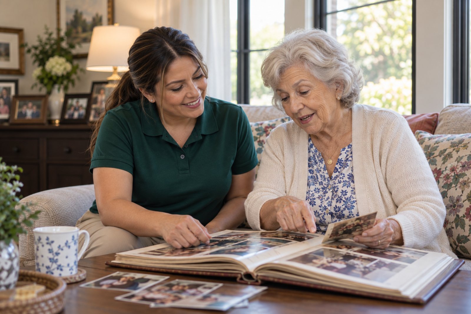 A caregiver and an older woman looking through a family photo album together at home